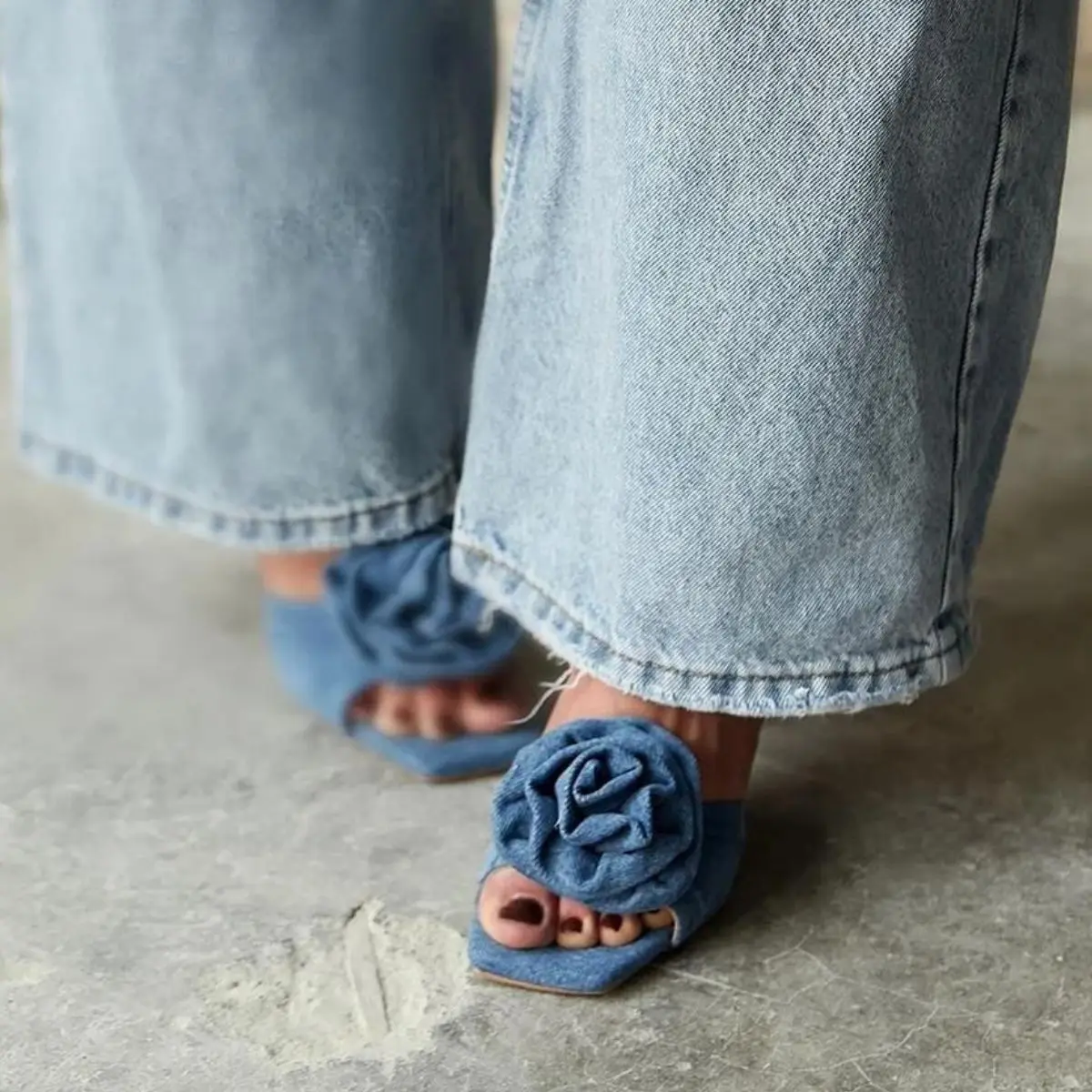 Brice Inner Genuine Leather Outer Jeans Quality Faux Suede Thin Heeled Floral Patterned Slippers Black Blue Denim Color