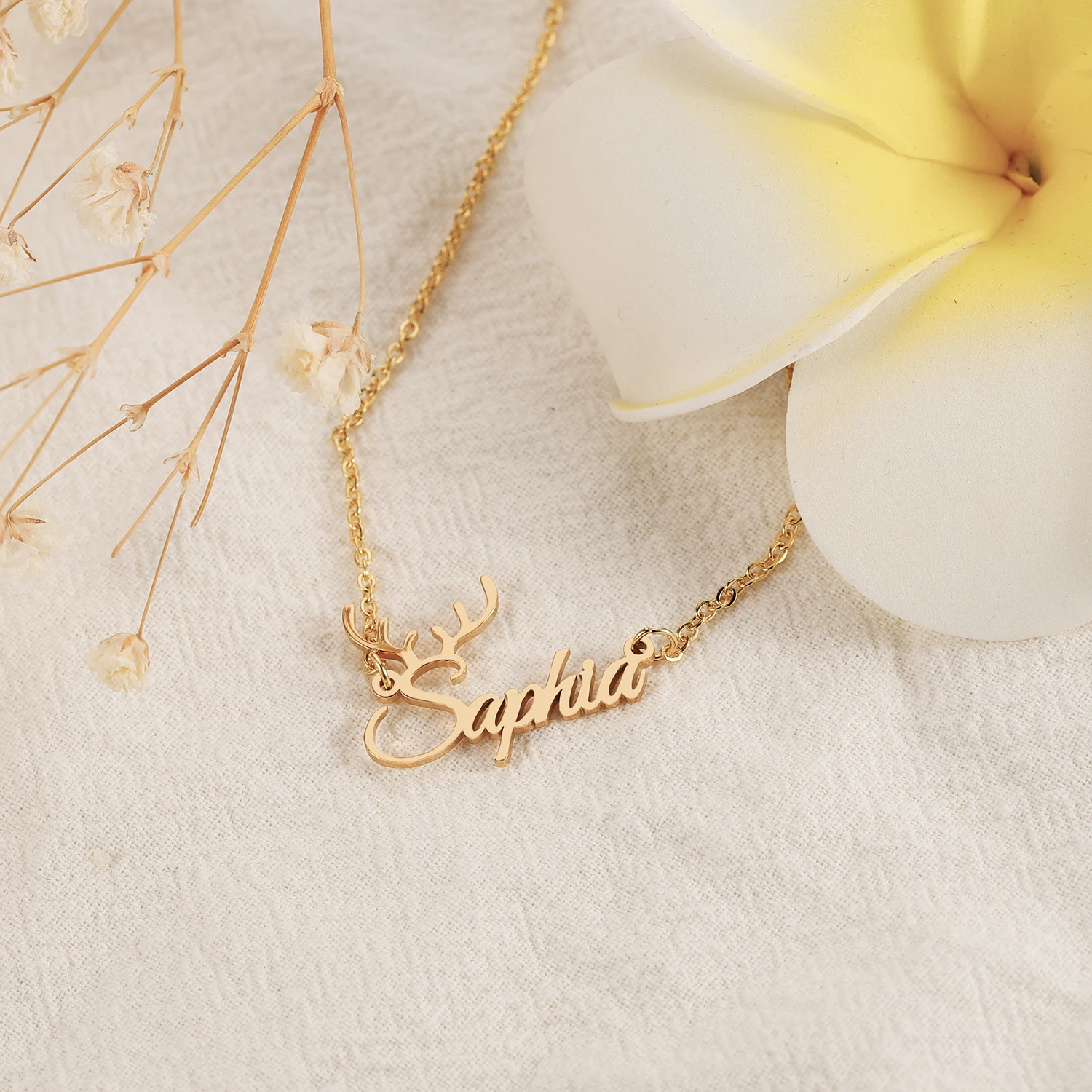 Christmas Gift Custom Name Necklace Elk Or Snowflake Personalized 14K GoldPlated Stainless steel Name Pendant Necklace For Women