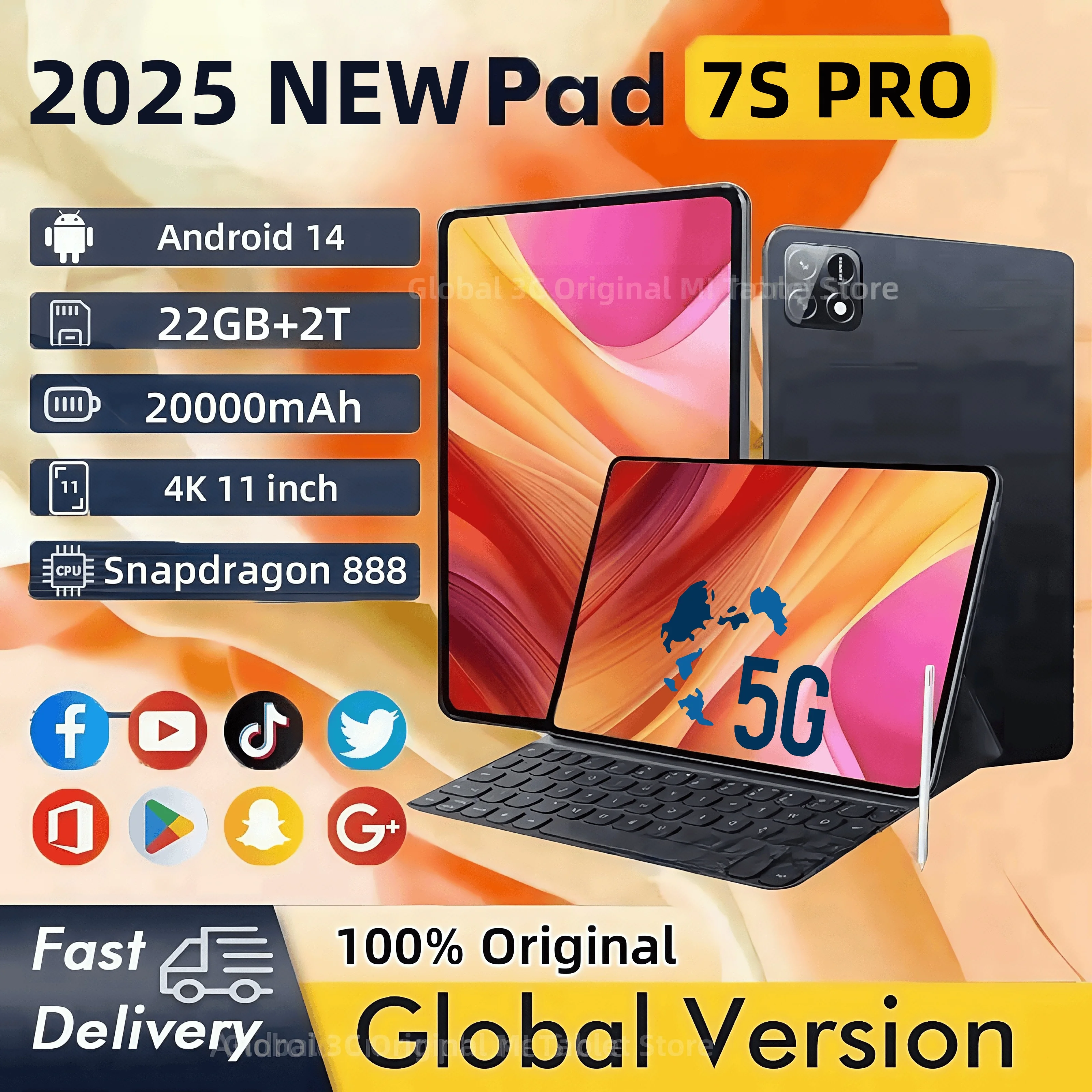 2025年新型オリジナルPad 7S Proタブレット 22GB+2T 11インチHD 4K