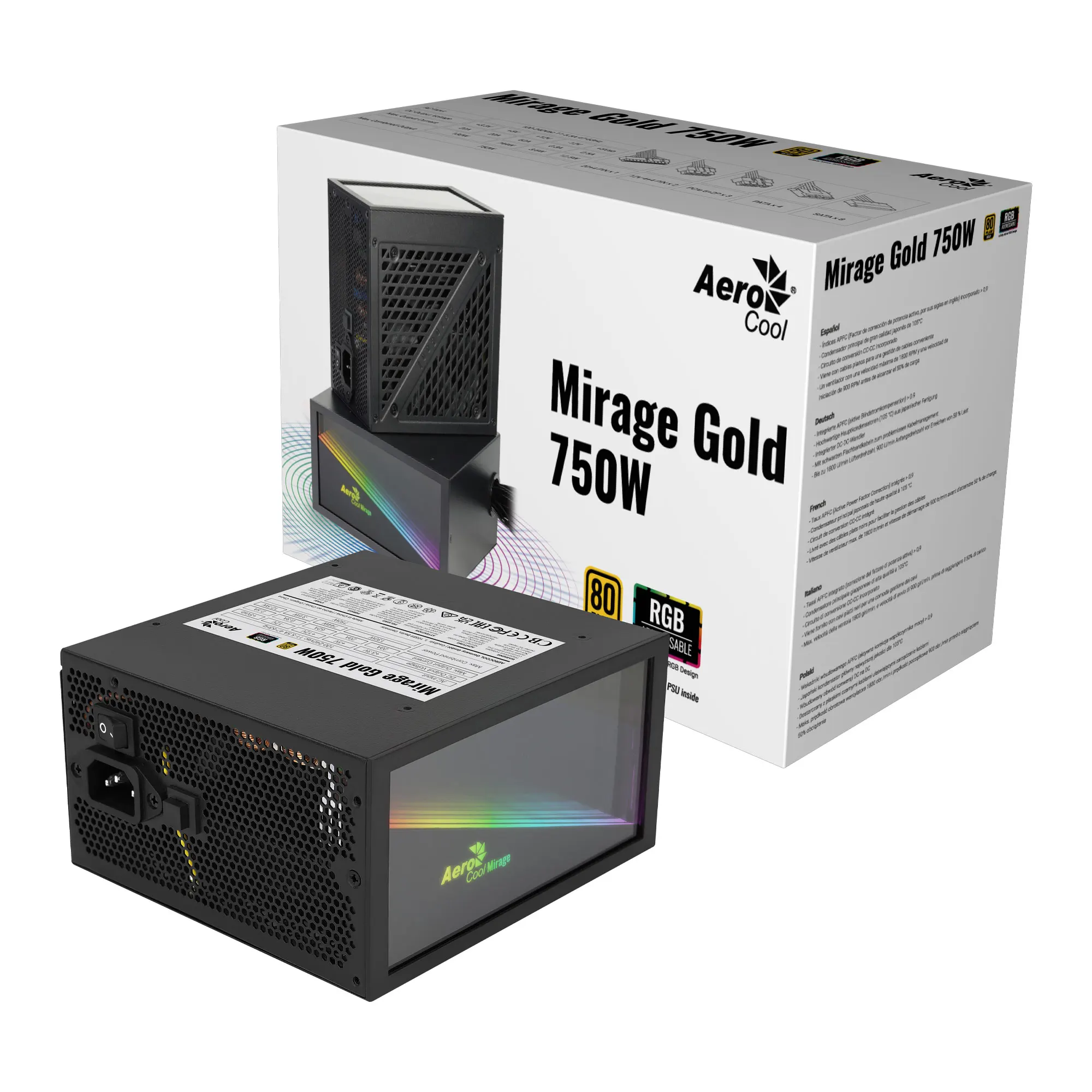 Aerocool Miragegold Fonte de Alimentação do pc 750w 80 Mais Ouro Fonte de Computador Espelho Infinito Rgb Capacitores Japoneses Preto - Imagem 6