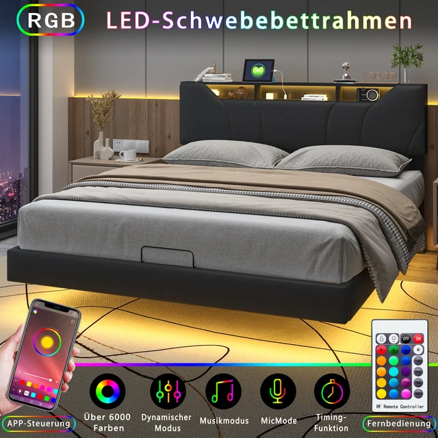Rosahqnda Letto morbido, Letto portaoggetti con pressione dell'aria, con porte di ricarica LED e USB, Testiera regolabile, Camera da letto, Adulti, Giovani, PU nero 5