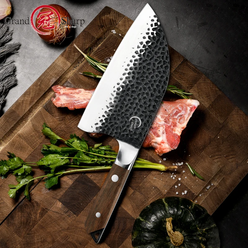 7 Inch Blade Kitchen Chef Knife Forged Meat Cleaver with Leather Sheath  Hand Hammered Butcher Knife Chopper Boning Knife for Home, Camping, BBQ 