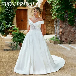 EVON BRIDAL Vintage Off Shoulder Plus Size Wedding Dress 2024 Lace Applique Satin A-Line V-Neck Bridal Gowns Robe De Mariée