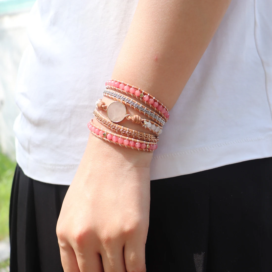 Charming Rose Quartz Leather Wrap Bracelets W/ Mix Stone Druzy Multilayers Bracelet Handmade Boho Jewelry Bijoux Dropship