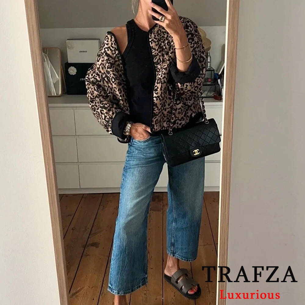 TRAFZA Casual Leopard Print Oversized Jackets Women Long Sleeve O Neck Buttons Coats Fashion 2024 Autumn Winter Female Outwears 2