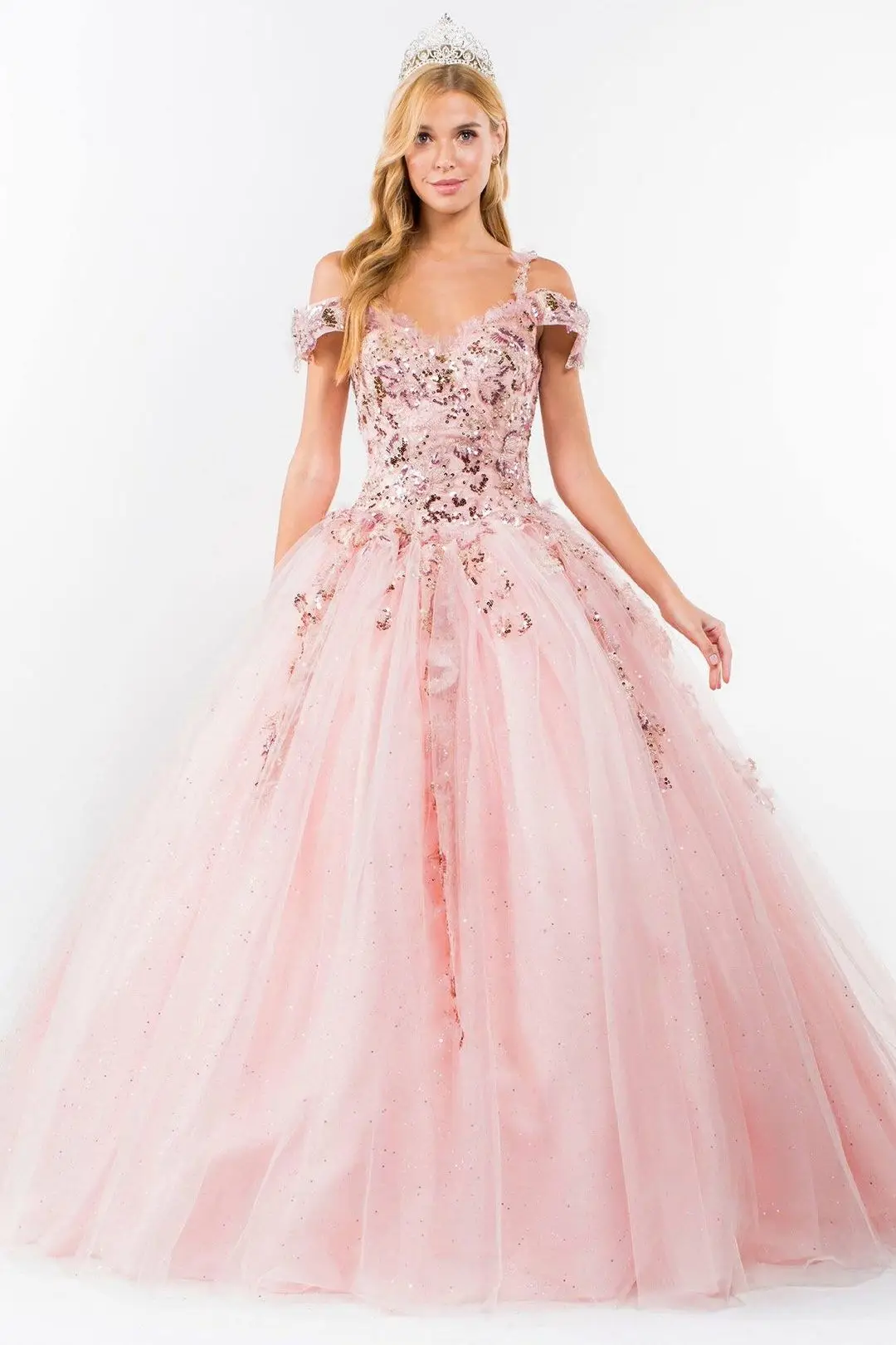 

Long Sequin Dresses Ball Gown For women Puffy Glittery Tulle Off Shoulder Prom Party Dress With Appliqued