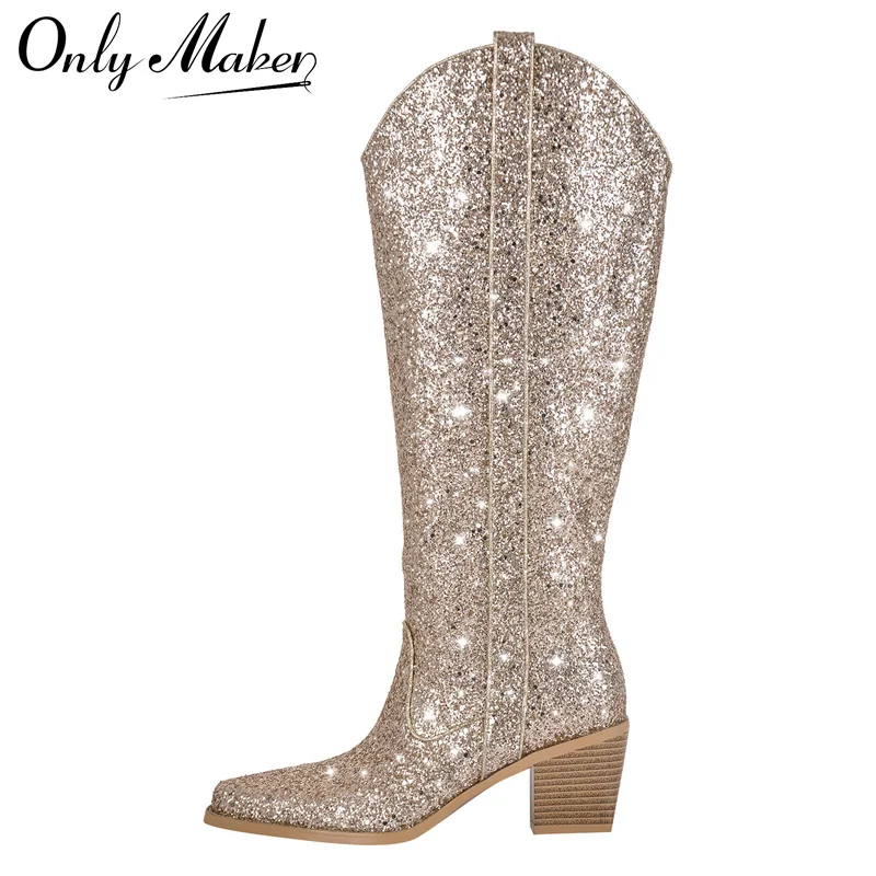 OnlymakerWomanGoldGlitterKneeHighBootsWesternCowboyBootsBlingShinyPointedToeBlock