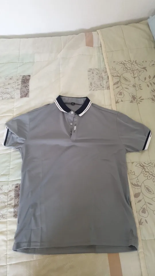 Urban Chic Men's Polo Shirt: Sleek Grey with Classic Striped Trim Detail photo review
