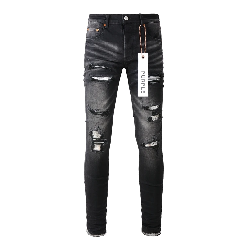 

Purple Brand Black Low Rise Stretch Skinny Denim Men Whiskered Distressed Stitching Jean Men Five Pocket Destroyed Long Trousers