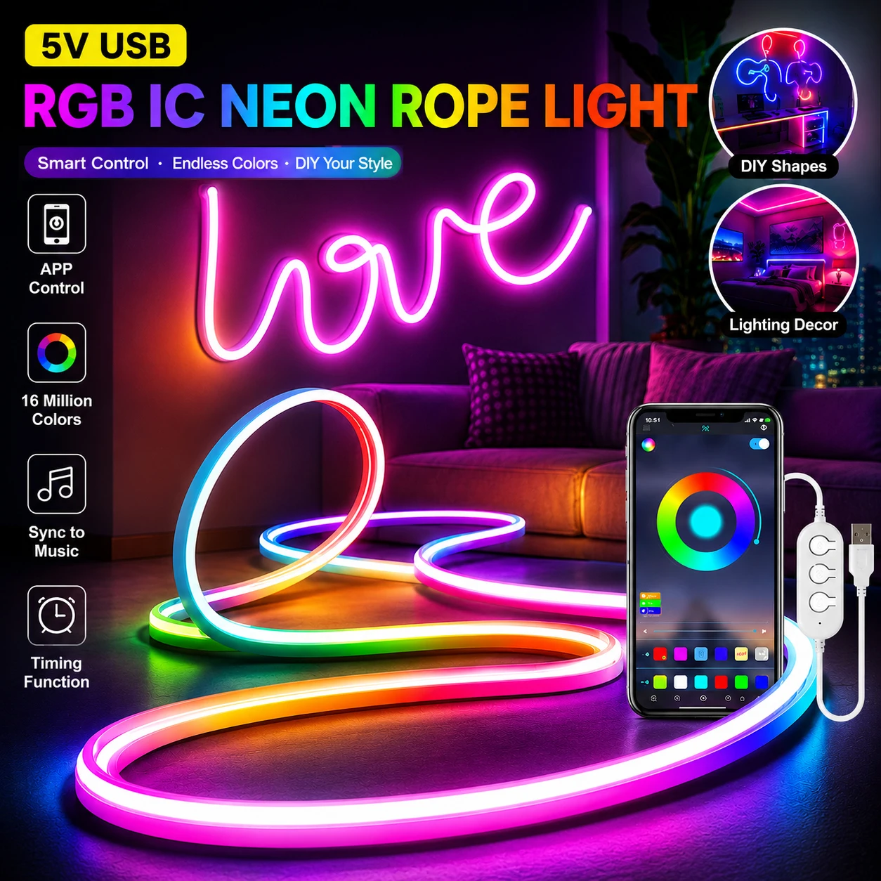 Vibrant RGBIC Neon LED Strip Lights with Music Sync