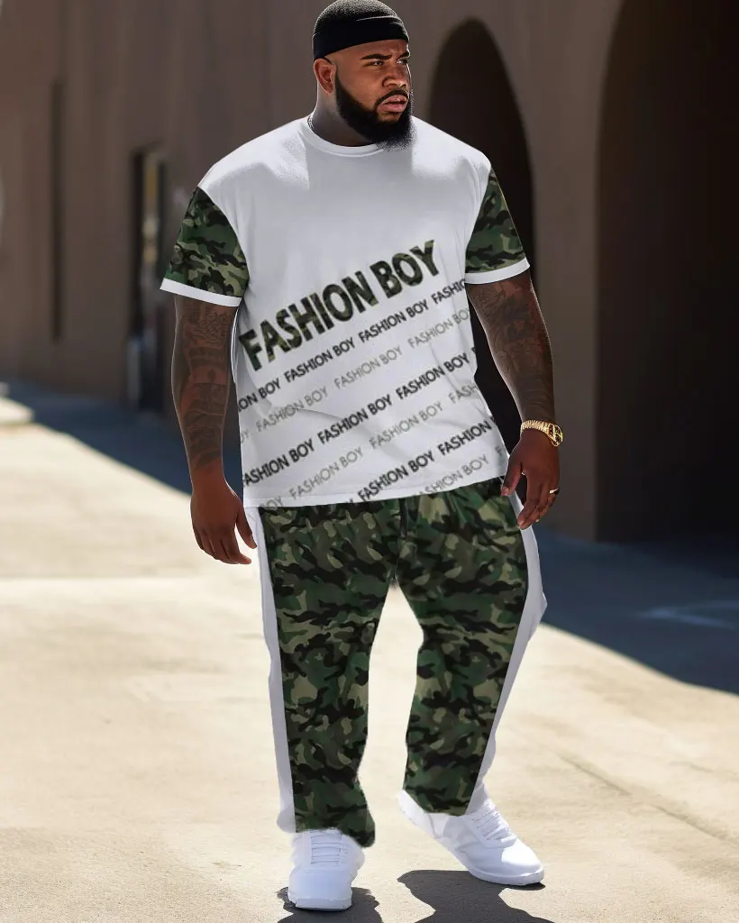 Biggmans Camouflage Two Piece T-Shirt Sets for Men's Clothing Casual Street Hip-Hop Large Pants Big Plus Size Suit