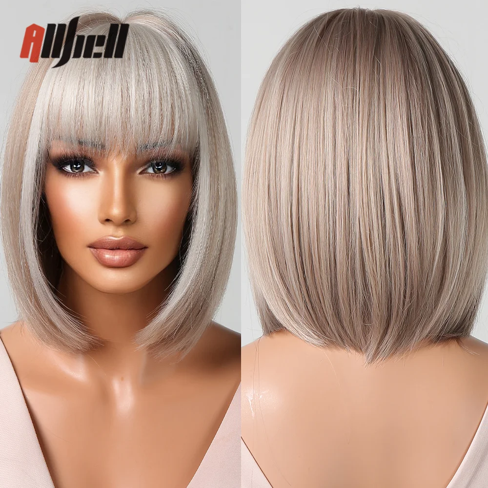 

Synthetic Brown Platinum Blonde Bob Wig with Bangs for Black Women Short Straight Cosplay Daily Party Wigs Heat Resistant Hair