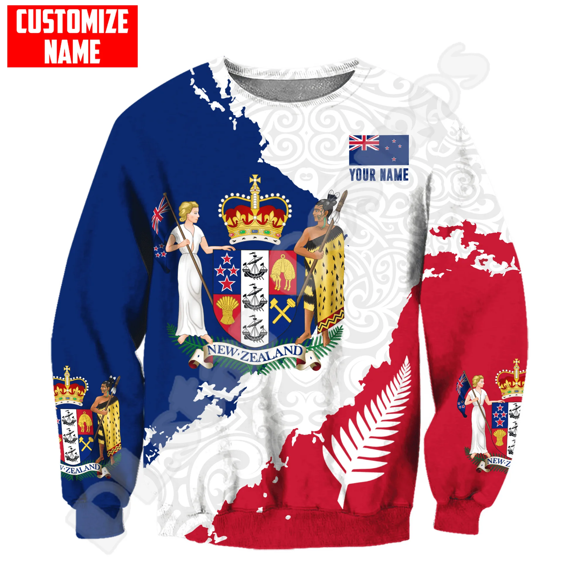 Custom Name Country Flag New Zealand Aotearoa Maori Tattoo Retro Long Sleeves 3DPrint Pullover Harajuku Casual Jacket Hoodies XK