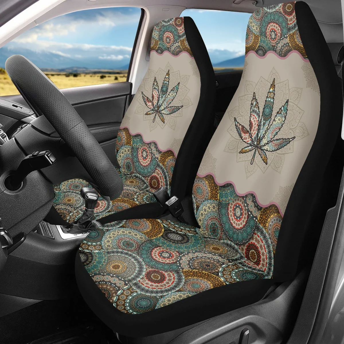 

Bohemia Leaves Mandala Print Washable Vehicle Seat Covers Easy To Intall Front Seat High Quality Elastic Car Seat Cover Gifts