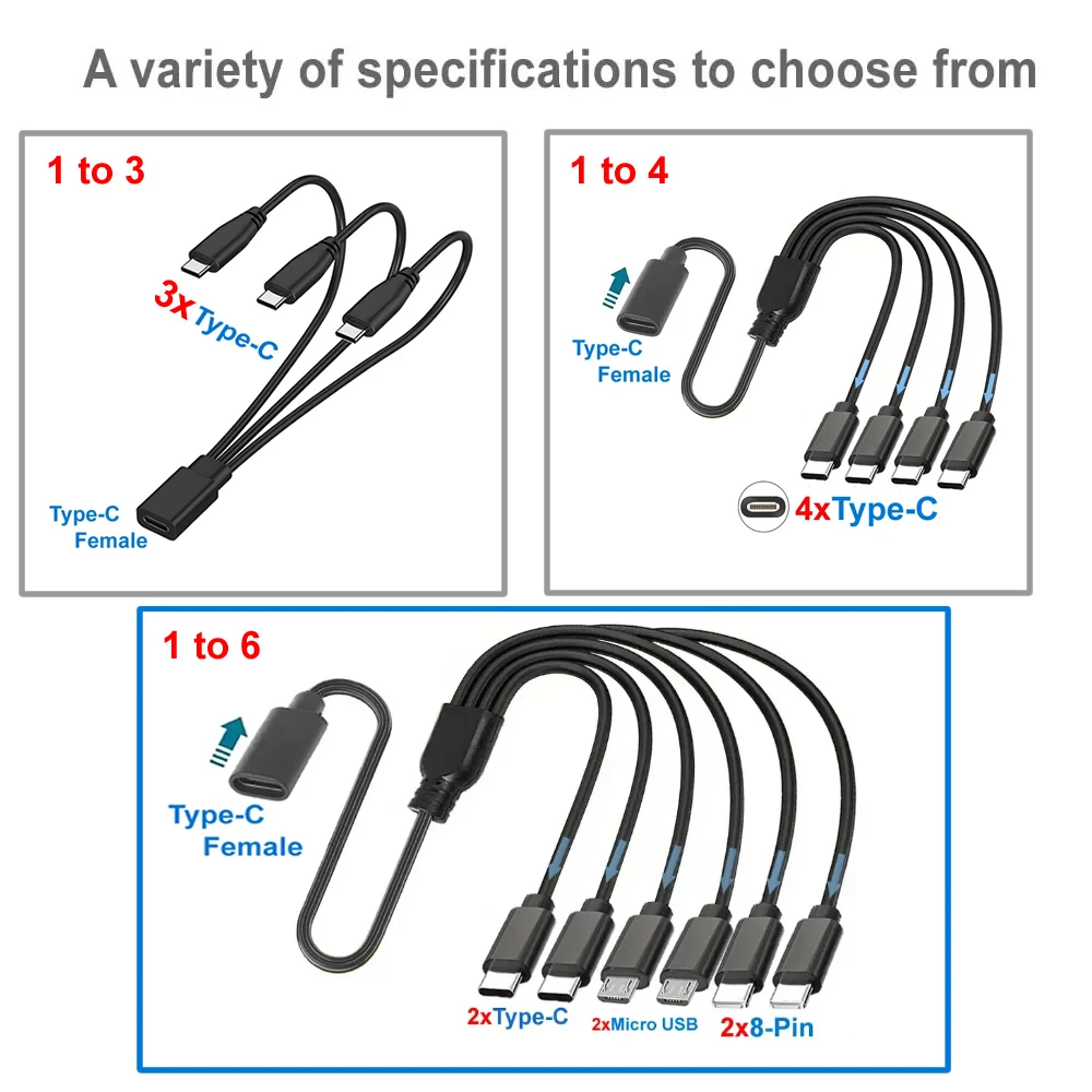 USB C Splitter Cable Type-C Male Female Extension Cord 1 to 3/4/6 Port Type C / Micro USB / IOS Multiple Devices Charging Cable