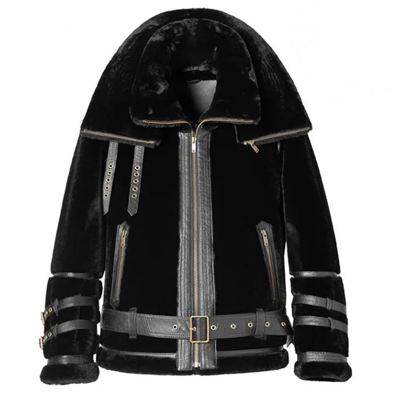 

Мужская Черная куртка-бомбер из овчины B3, кожаная куртка, мужские зимние пальто с двойным воротником