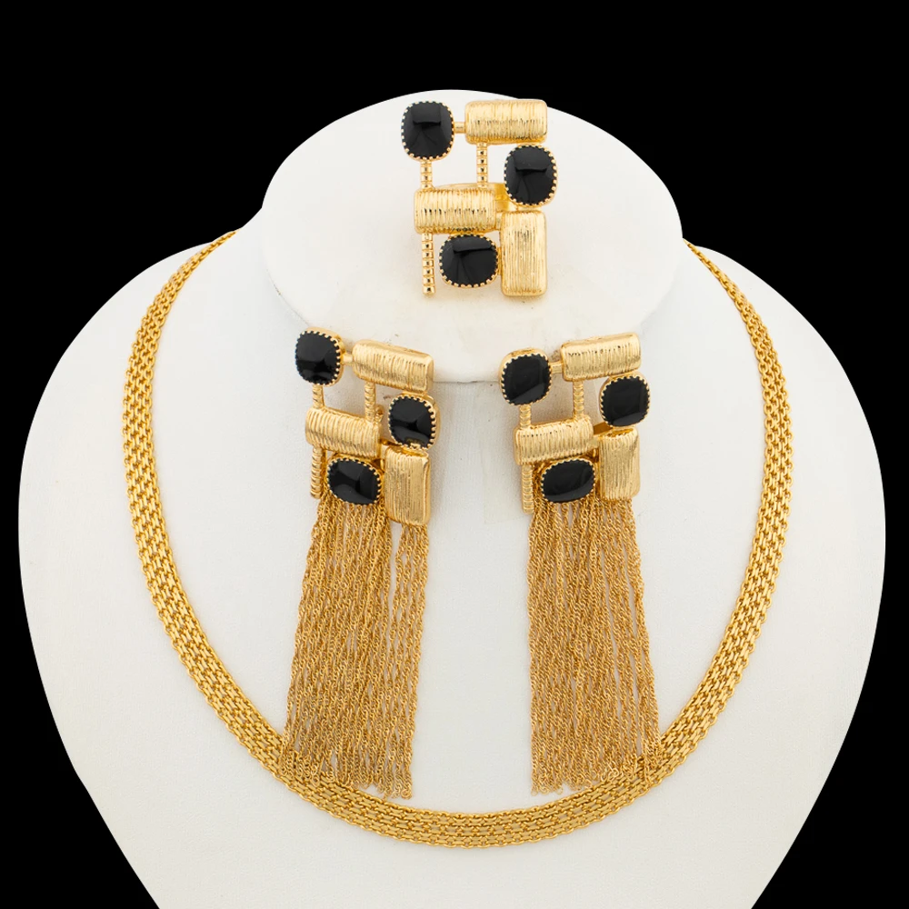 

Trend Gold Color Jewerly Set for Women Colored Design Long Drop Earrings and Adjustable Ring with Choker Necklace for Engagement