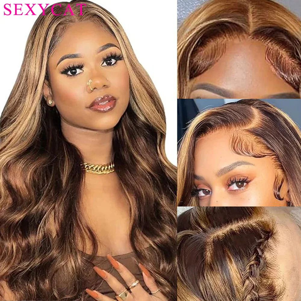 

Highlight Ombre Lace Front Wigs Human Hair 4x4 HD Closure Pre Plucked Lace Front Wigs P4/27 Body Wave Glueless Wigs Human Hair