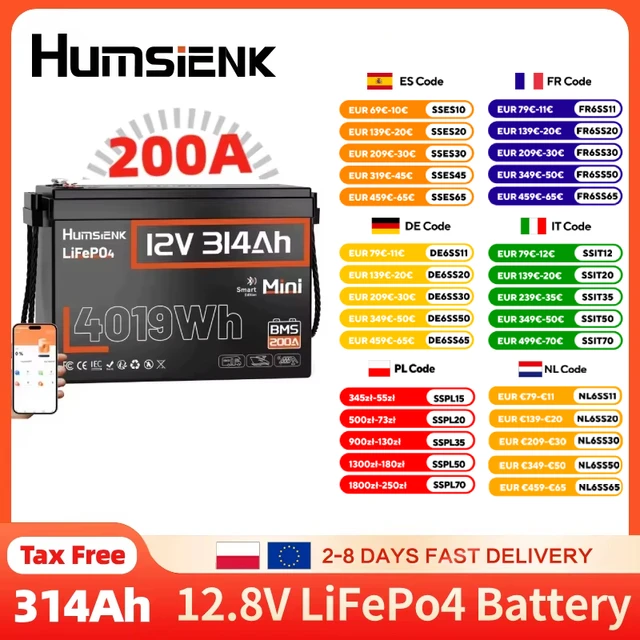 Batterie au lithium LiFePO4 Humsienk 12V 300AH (314AH) version Bluetooth, BMS 200A, cellules A+, pour système solaire hors réseau, camping-car, bateau 1