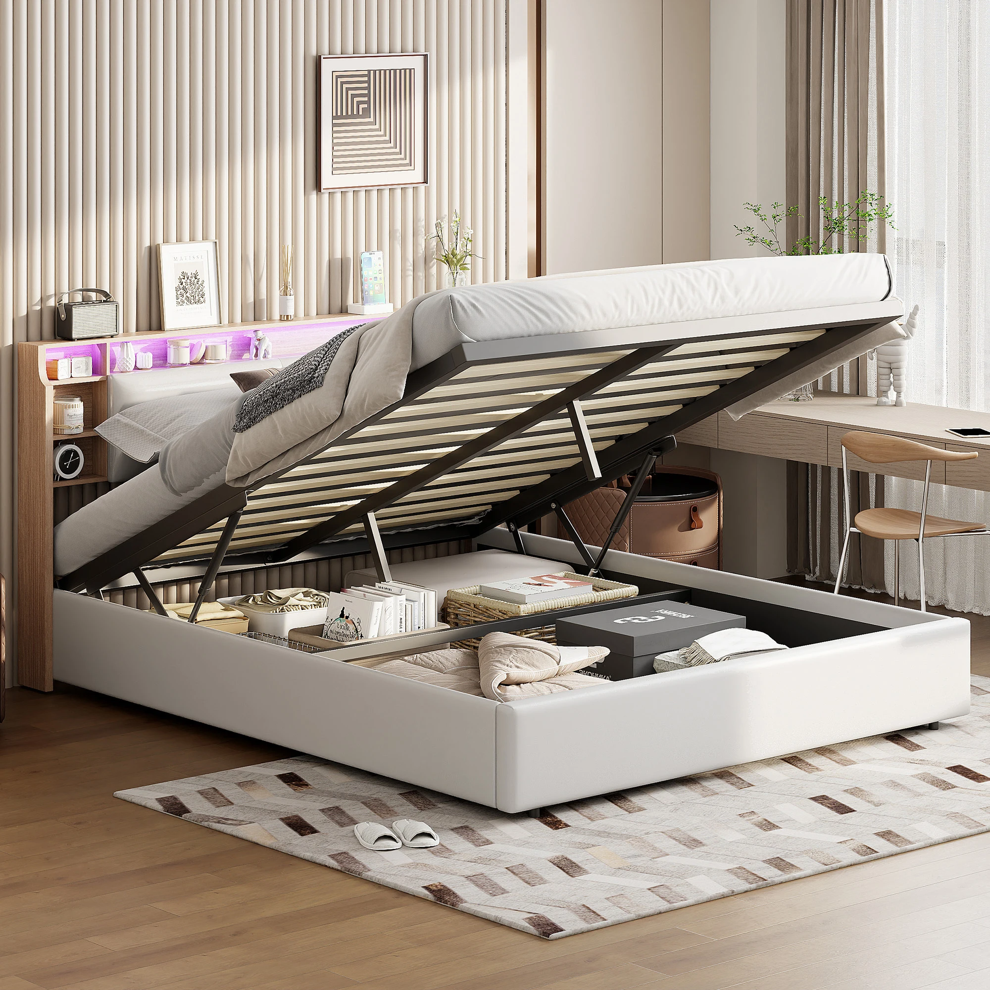 Gepolstertes Doppelbett 160 x 200 cm, Lattenrost, mit hydraulischem Stauraum und Lattenrost, gestepptes Bett mit LED-Beleuchtung, Bettgestell für Erwachsene und Jugendliche, PU – Detail 4