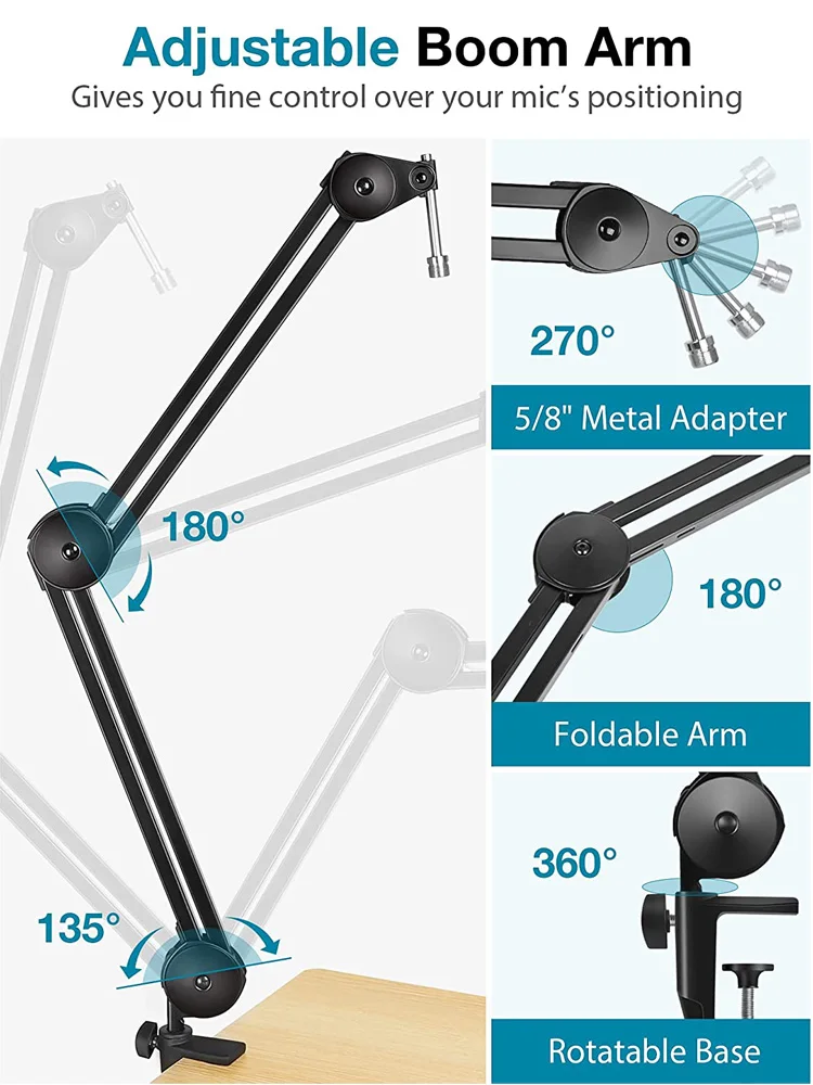 Blue Yeti Microphone Arm Stand Heavy Duty Suspension Mic Boom Scissor With Mic Pop Filter 5/8" Adapter For Blue Snowball Holder