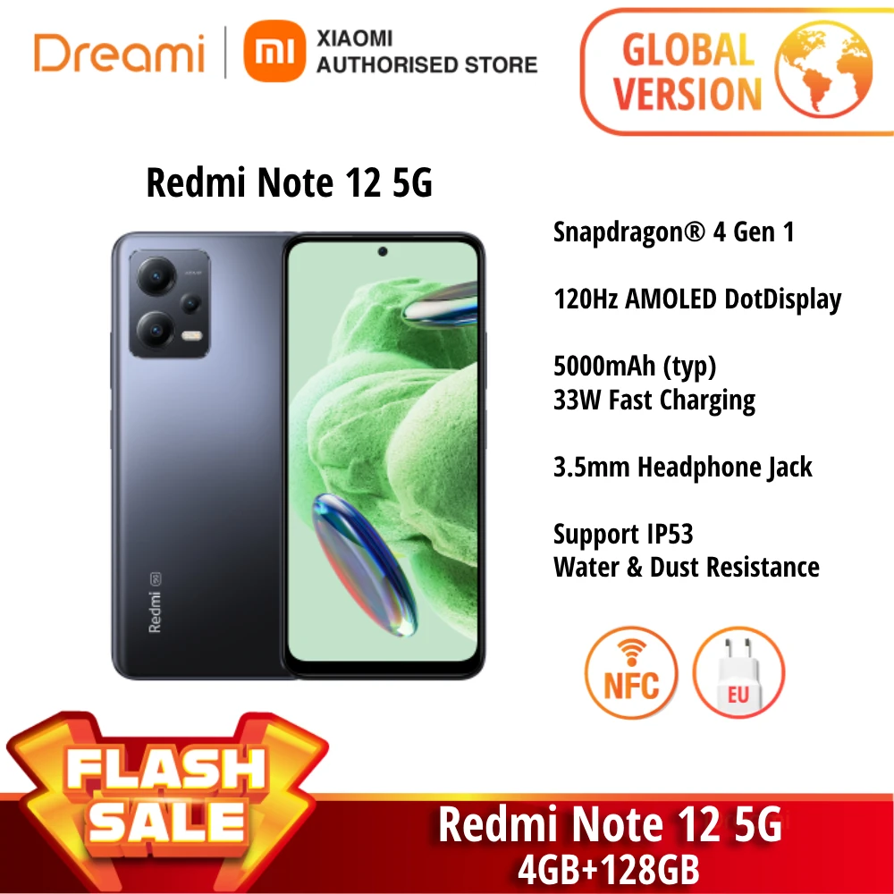 Global Version Xiaomi Redmi Note 12 5G NFC - Dual Sim, Snapdragon 4 Gen 1,  120Hz AMOLED, 5000mAh Battery, IP53 Water Resistance