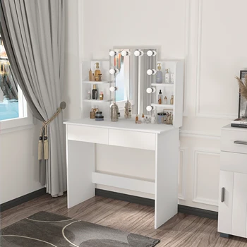 Comò Toeletta con Specchio LED 2 Cassetti 4 Ripiani portaoggetti 90x40x125 cm Tavolo da trucco per ragazze e donne Tavolo da trucco per camera da letto 1