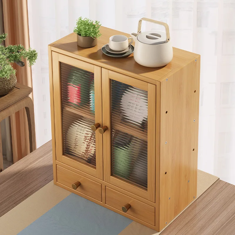 Bamboo Storage Cabinet With Adjustable Shelves Plastic Doors Small Space Organizer for Living Room Bedroom Kitchen
