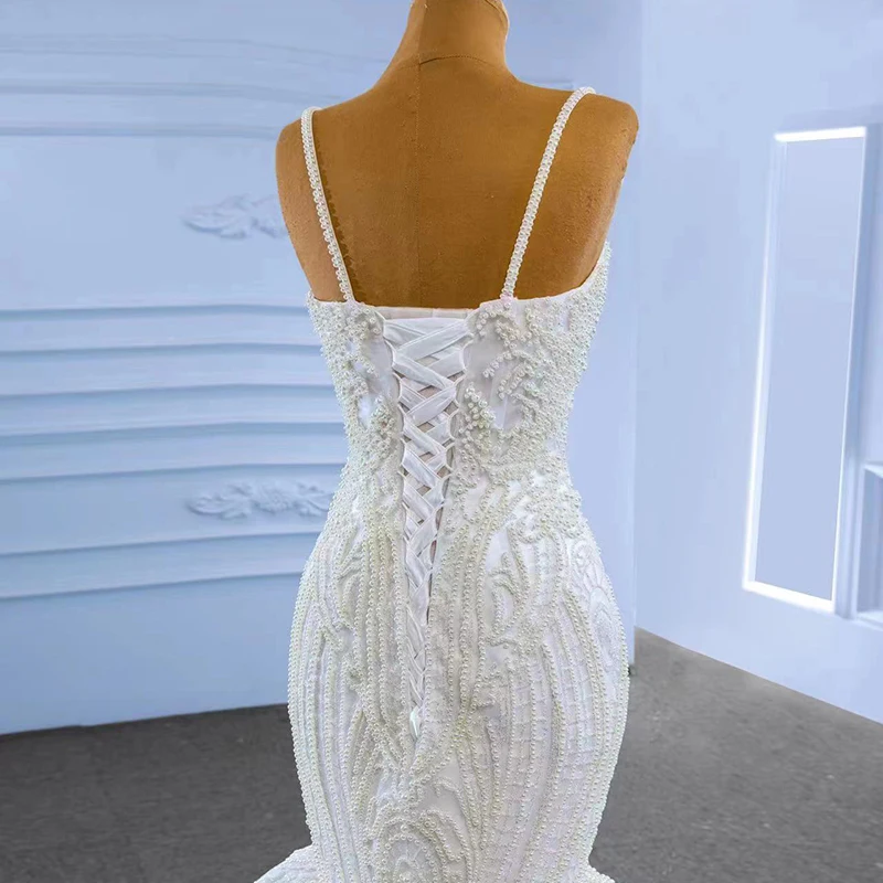 RSM67515 Spaghetti Straps Mermaid Wedding Dress Full Beading Pearls Sweetheart Lace Up Back White Custom Size Brides Dresses 4