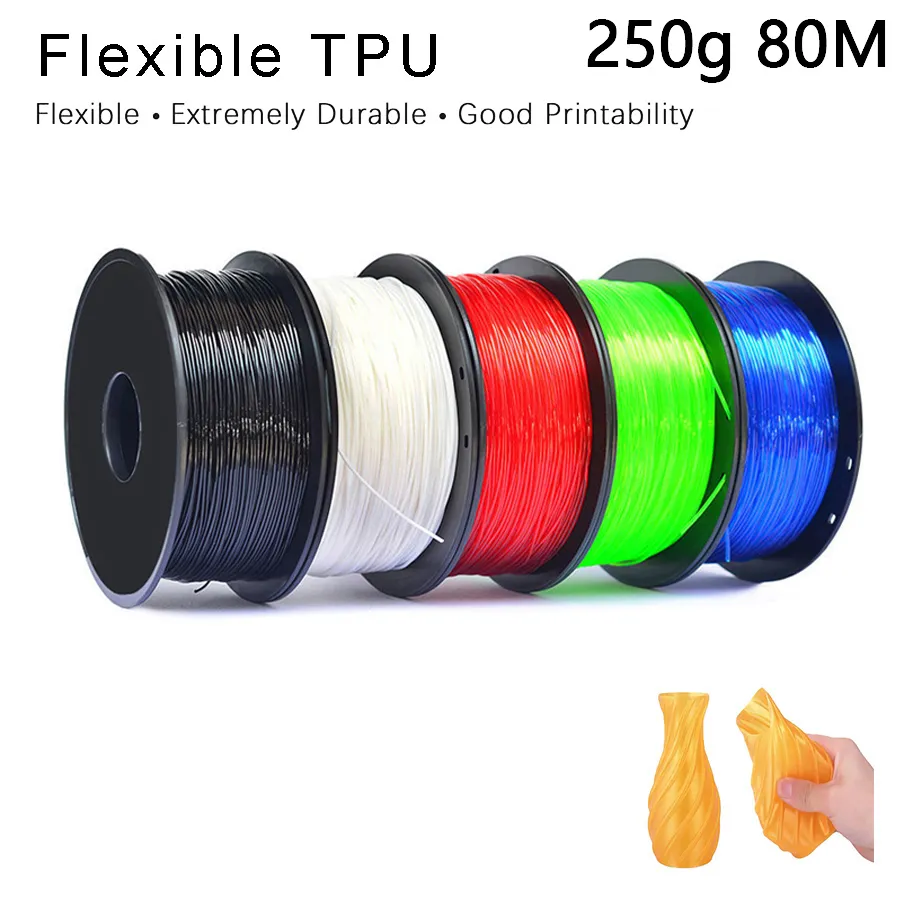 Filamento TPU flexível para impressora 3D, comprimento de 1,75mm, 250g, 80m