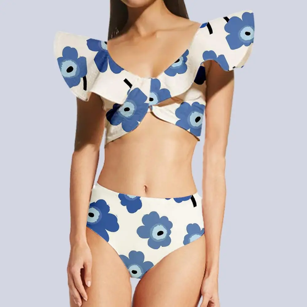 Solid Ruffled Swimsuit and Beach Skirt Two Piece High Waist Printed Bikini Vintage High Waist Cut Backless Beachwear 2022 Fashio