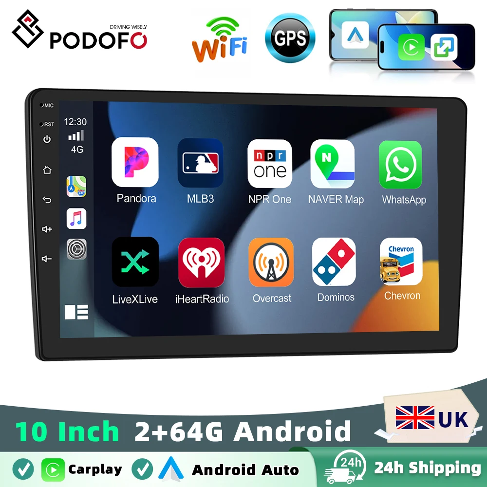 Podofo Wireless CarPlay Android Auto Car Stereo Radio 10''2+64GB 2Din Universal Car Multimedia Player BT GPS FM WIFI Autoradio