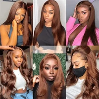 Perruques en cheveux humains Remy lisses, couleur brun chocolat, 30 pouces, avec dentelle transparente HD 13x4 # Perruques frontales de 4 couleurs 4