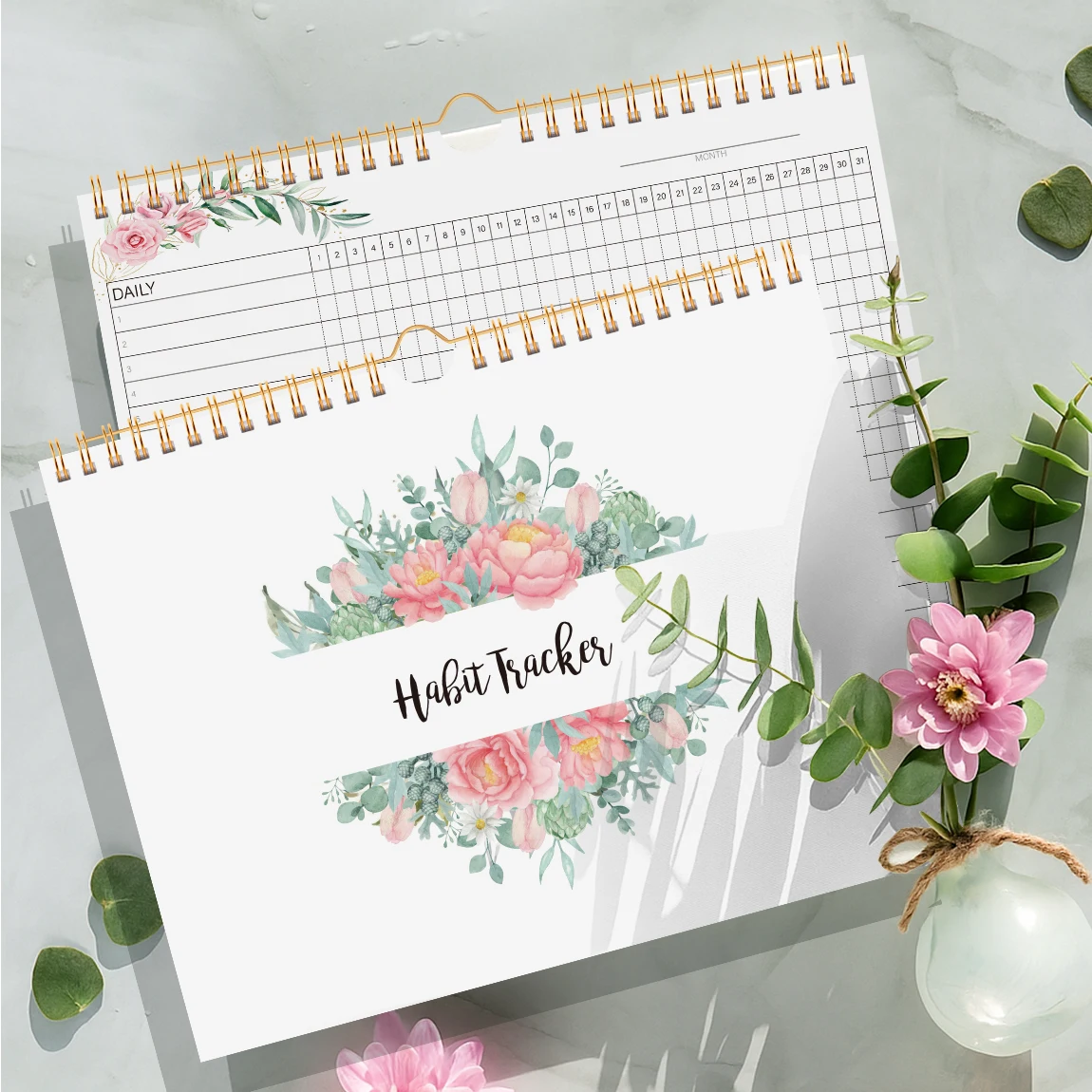 Caderno espiral de rastreador de hábitos de 1 unidade, planejador de rastreamento de hábitos diários florais para estudo, trabalho e planejamento diário