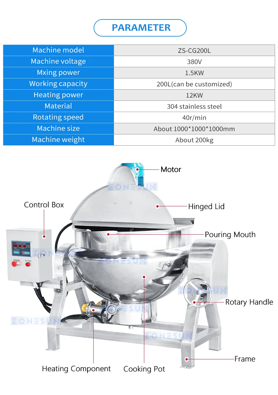 ZONESUN ZS-CG200L Industrial Cooker with Mixer and Heater