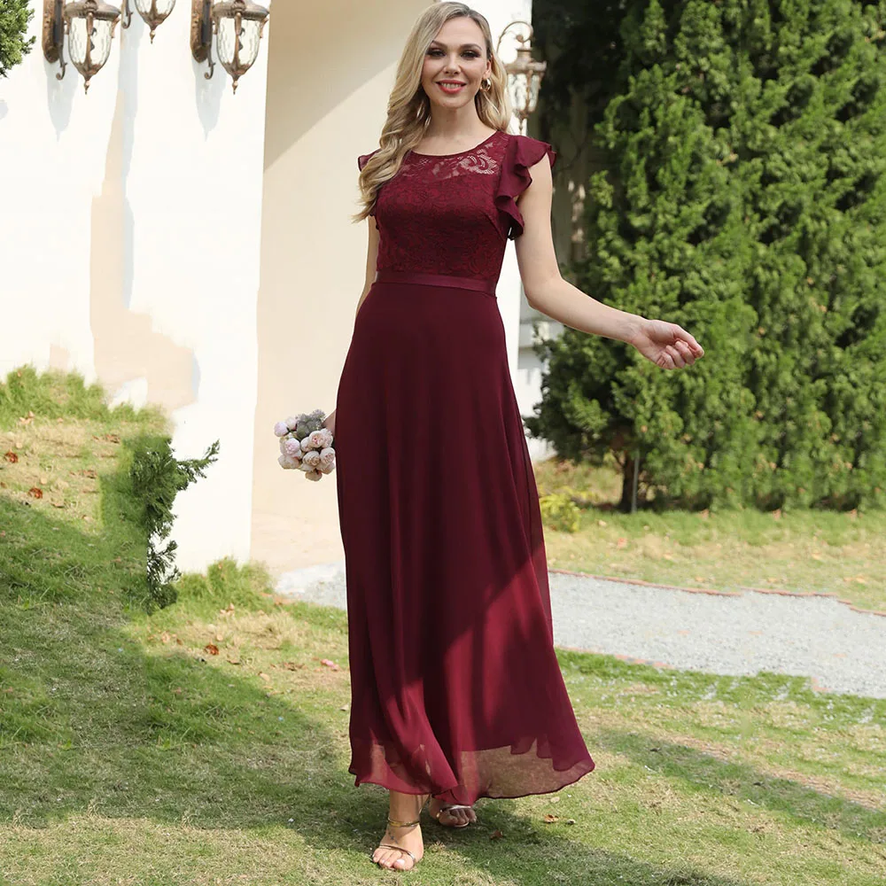 

A Line Burgundy Chiffon Bridesmaid Dresses for Wedding Party Lace Cap Sleeve Ankle Length Maid Of Honor