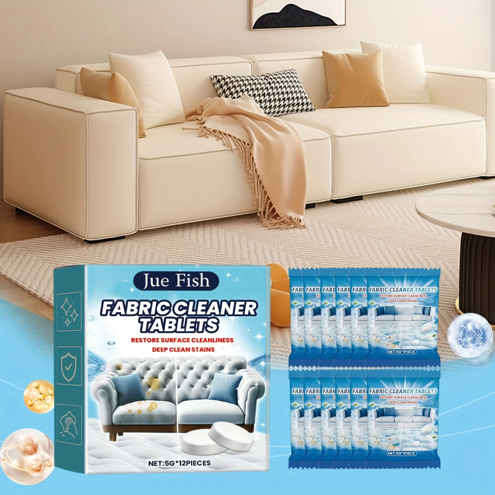 Fabric Cleaner Tablets 12-Pack for RV and Home Use Sofa Stain Remover Effervescent Powder Multipurpose Couch Cleaner Tab