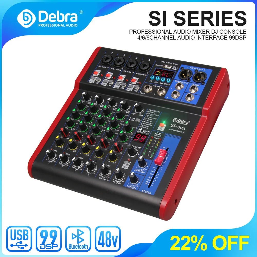 

Clean Sound! Debra Pro 6 Channel USB Mixer Audio With 99 DSP Digital Effects For DJ Mixer Console Karaoke Recording Studio