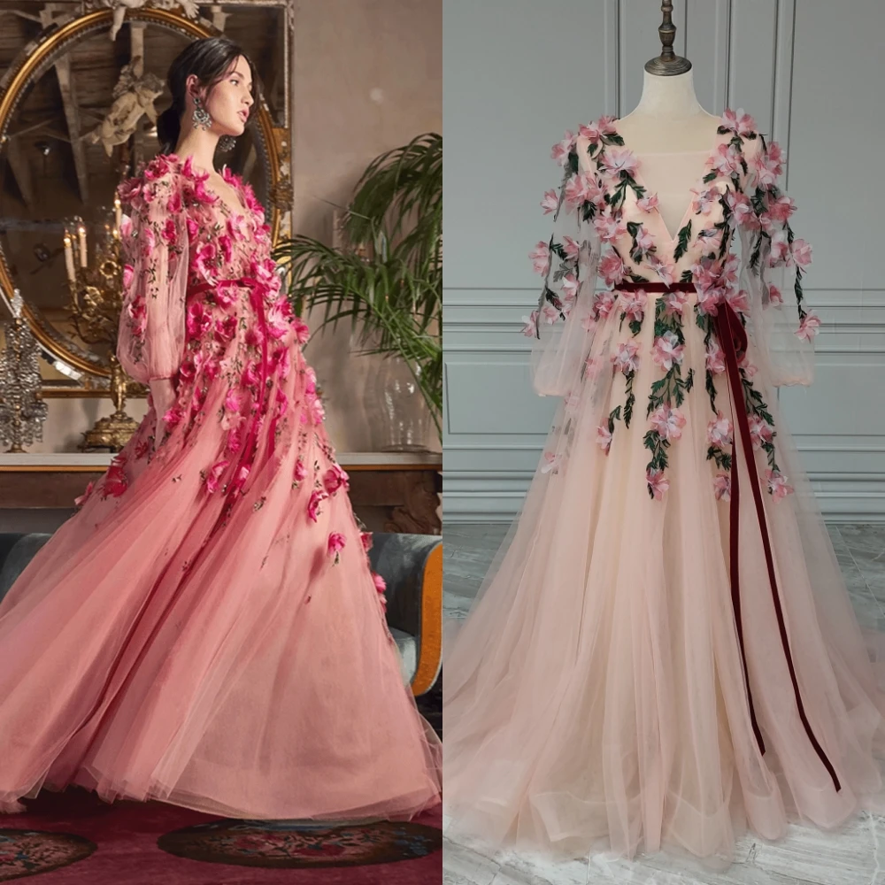 

14252 # реальные фотографии романтическое вечернее платье-трапеция из тюля с длинными рукавами, V-образным вырезом и 3D цветами, платье для выпускного вечера, свадебное платье для женщин