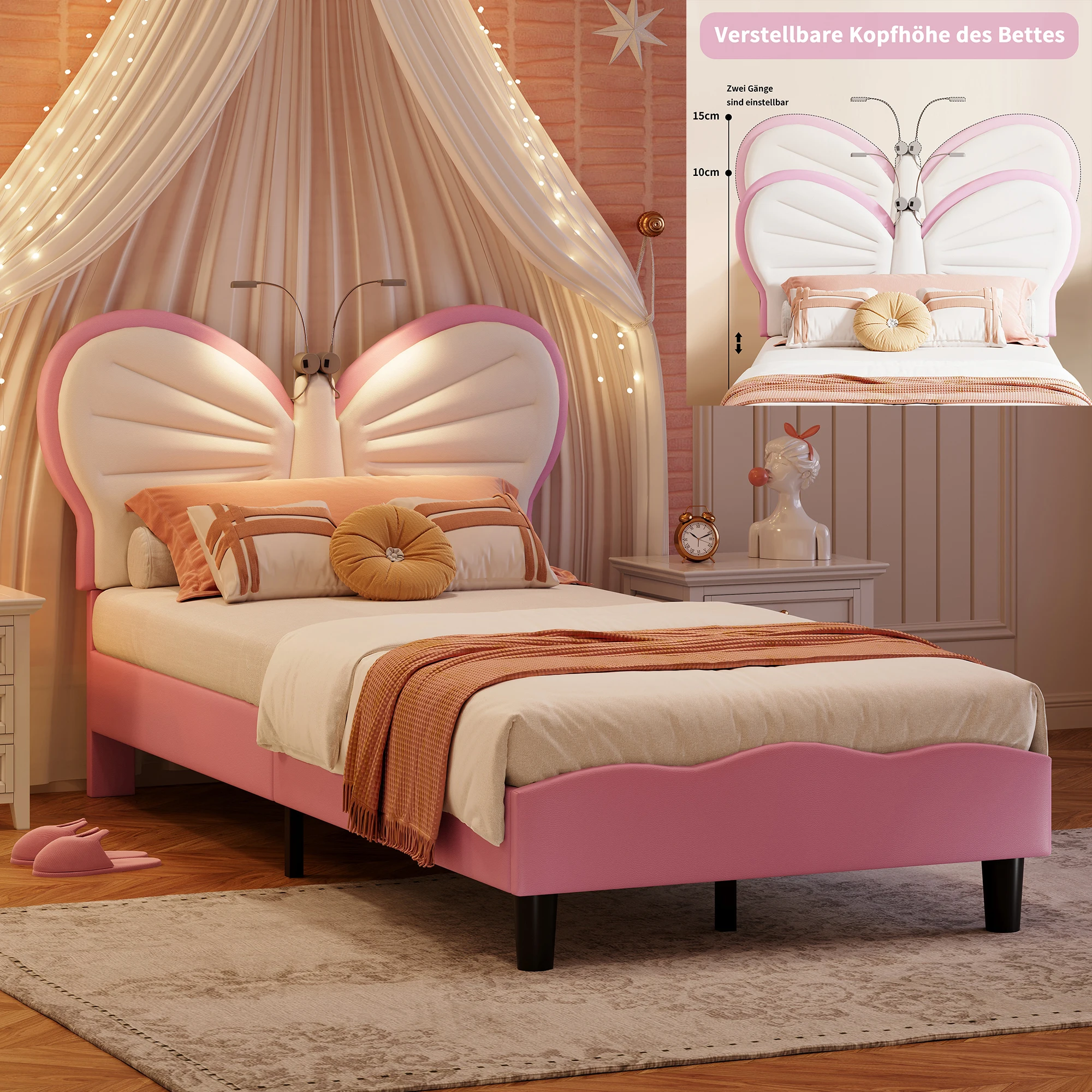 Rosahqnda kids bed rack 90*200cm light adjustable headboard butterfly bed pad bed single bed girls bed