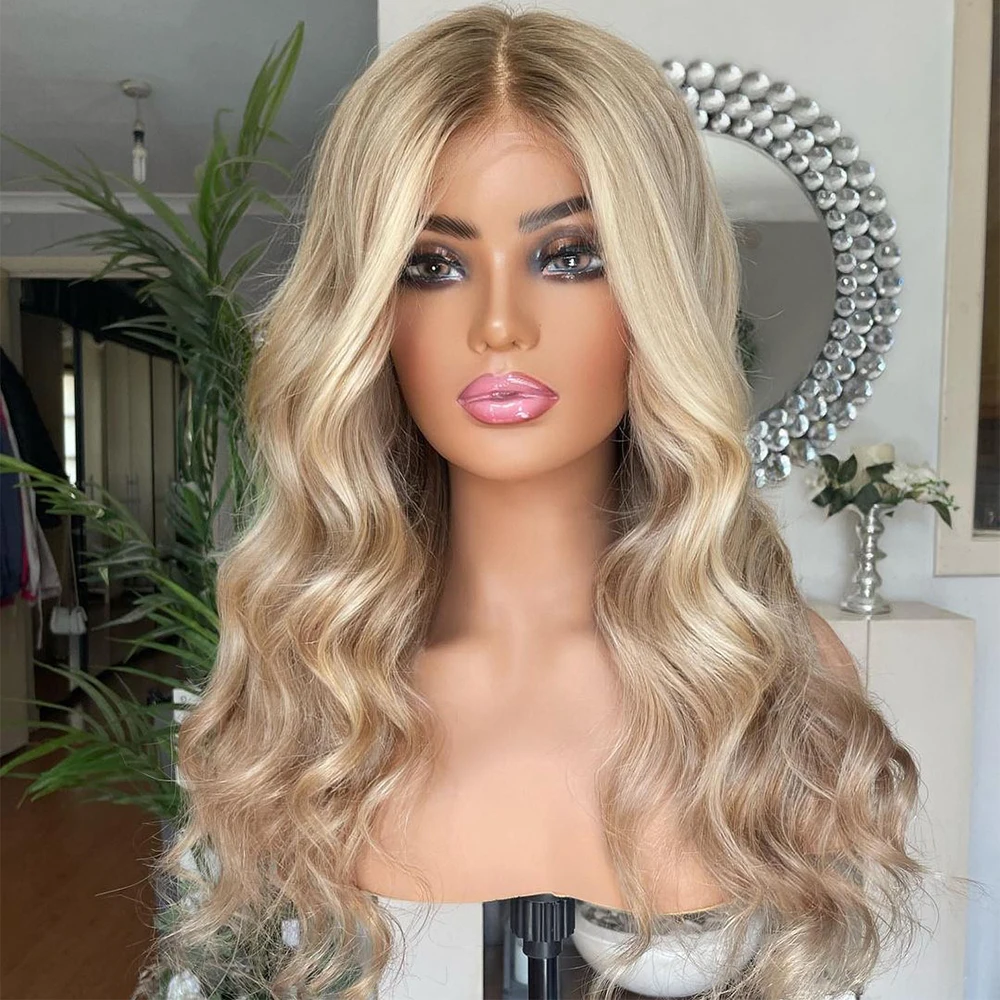 Rooty Blended Blonde Hair Full Lace Wig Virgin Human Hair Light Brown Balayage Ombré Root Melt HD 13x6” Lace Front Wig 26” 180%