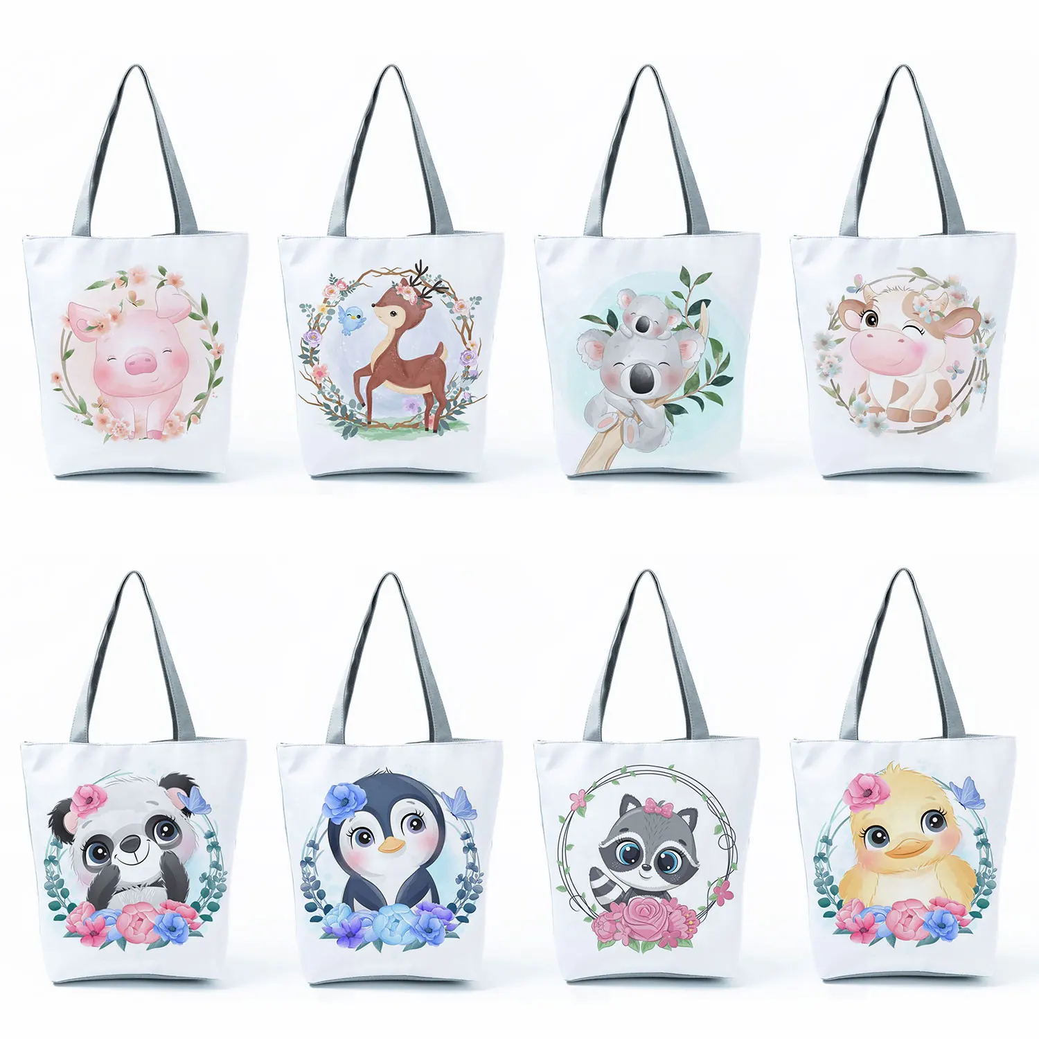 

Reusable Handbags High Capacity Tote Pig Deer Penguin Panda Tanuki Print Cute Floral Animal Pattern Shoulder Shopping Bags Gift