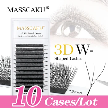 Masscaku 인조 밍크 W 모양 속눈썹, 4D 5D 6D 프리메이드 팬 속눈썹, 자연스럽고 부드러운 개별 속눈썹 연장, 10 케이스/로트, 신상