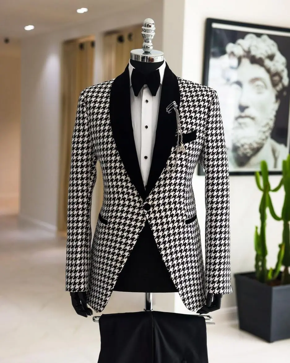 

Houndstooth Men's Suit 2 piece Collar Jacket black Pants Wedding Groom Tuxedo Custom size Blazer for Men