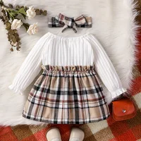 Baby Girls Autumn/Spring Long Sleeve With Bow Elegant Plaid  Streetwear Dress+headband 2