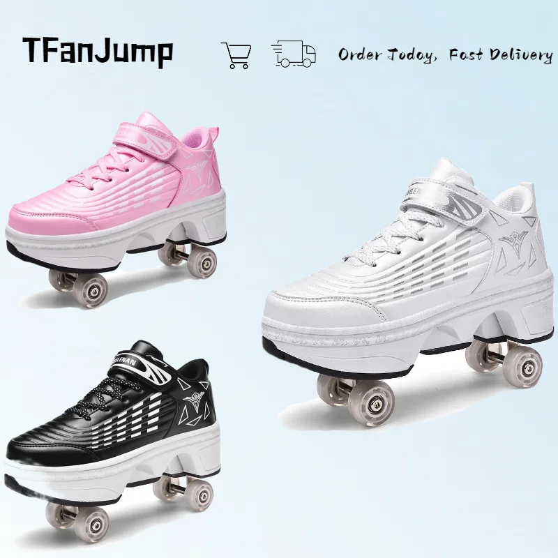 

Dual-Use Four-Wheel Skating Shoes Women's Men's Double-Row Roller Casual Sneakers Roller Skates Turn Into Walking Running Shoes