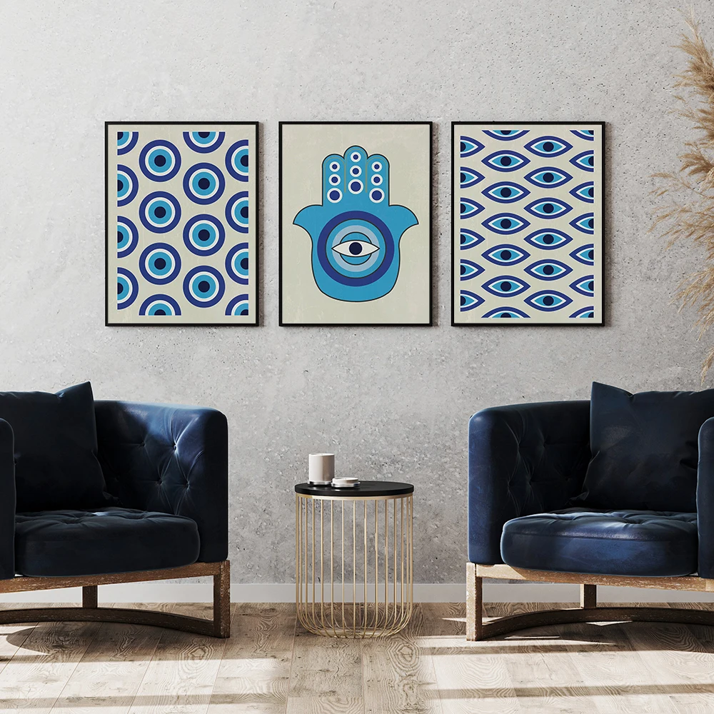 

Blue Evil Eye Wall Art Boho Print Abstract Religion Poster Vintage Canvas Painting Nordic Hand Picture Living Bedroom Home Decor