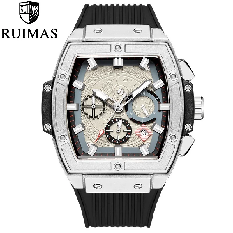 

RUIMAS Mens Top Brand Luxury Man Military Sport Tonneau Wristwatch Chronograph Quartz Male New Erkek Saat Silicone Strap Relog