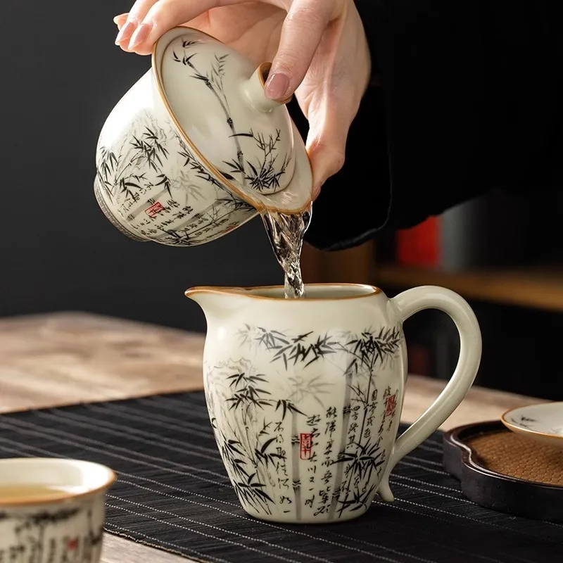 Bamboo Ru Yao Porcelain Gaiwan Set For Tea Tureen Teaware Cup Chinese Yellow Ceramic Opening Tea Bowls Chawan Ceramony Lily