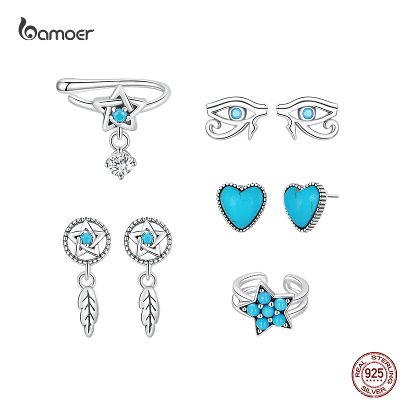 

BAMOER 925 Sterling Silver Simple Turquoise Piercing Ear Stud Dream Catcher Hollow Evil Eye Star Heart Earring Clip Jewelry Gift